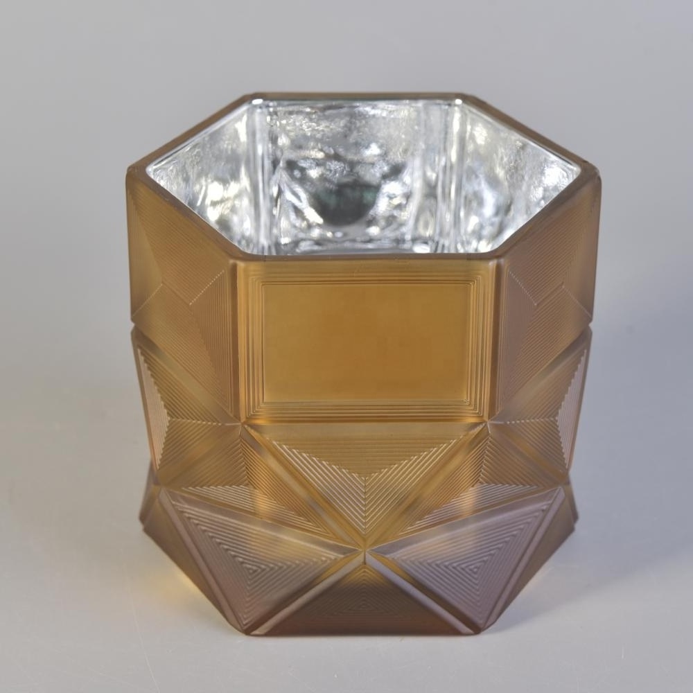 Sunny Glassware Polygon hexagon Design Glass Candle Jars Votive Holders with Golden Spraying for Home Decor