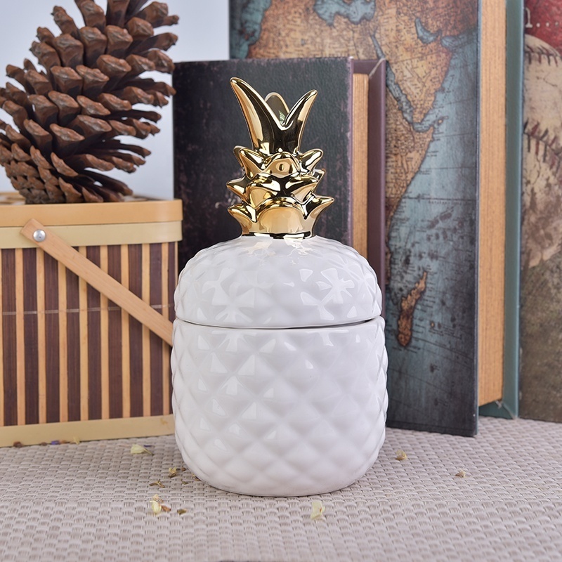 Candle Jar Pineapple Ceramic Decorative White and Gold Home Decoration Sunny Glassware Votive Holder Ceramic, Porcelain