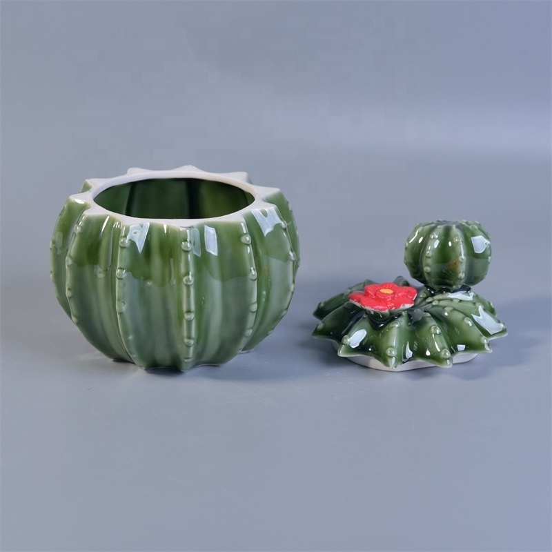 Cactus shaped ceramic candle jar with lids