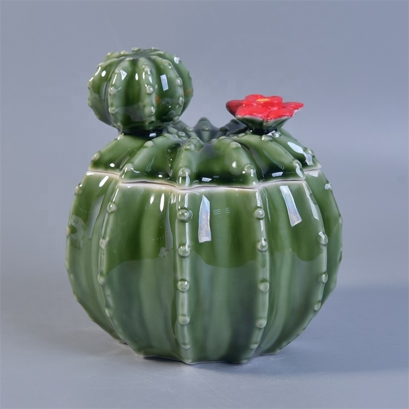 Cactus shaped ceramic candle jar with lids