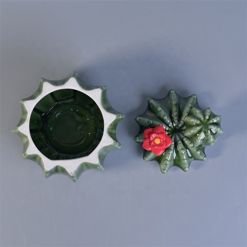 Cactus shaped ceramic candle jar with lids