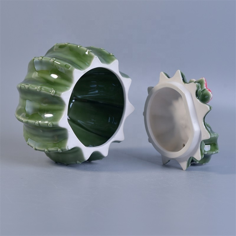 Cactus shaped ceramic candle jar with lids