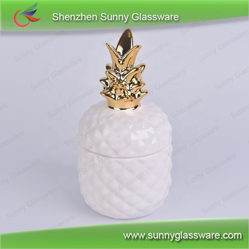 Candle Jar Pineapple Ceramic Decorative White and Gold Home Decoration Sunny Glassware Votive Holder Ceramic, Porcelain