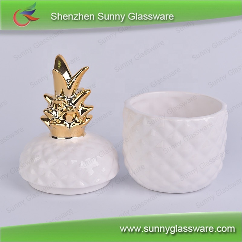 Candle Jar Pineapple Ceramic Decorative White and Gold Home Decoration Sunny Glassware Votive Holder Ceramic, Porcelain