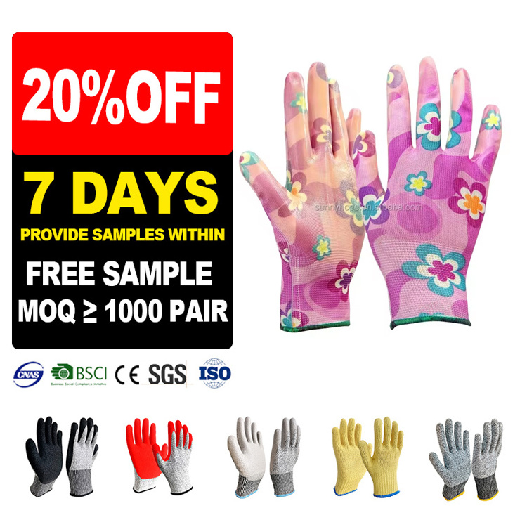 Sunnyhope cheap colored pattern cute 13guage nitrile coated wholesale kids gardening work gloves