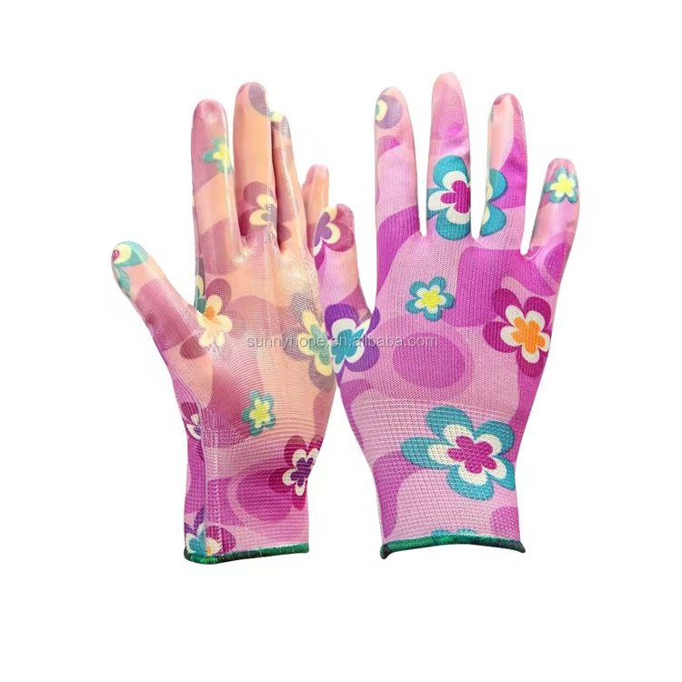 Sunnyhope cheap colored pattern cute 13guage nitrile coated wholesale kids gardening work gloves