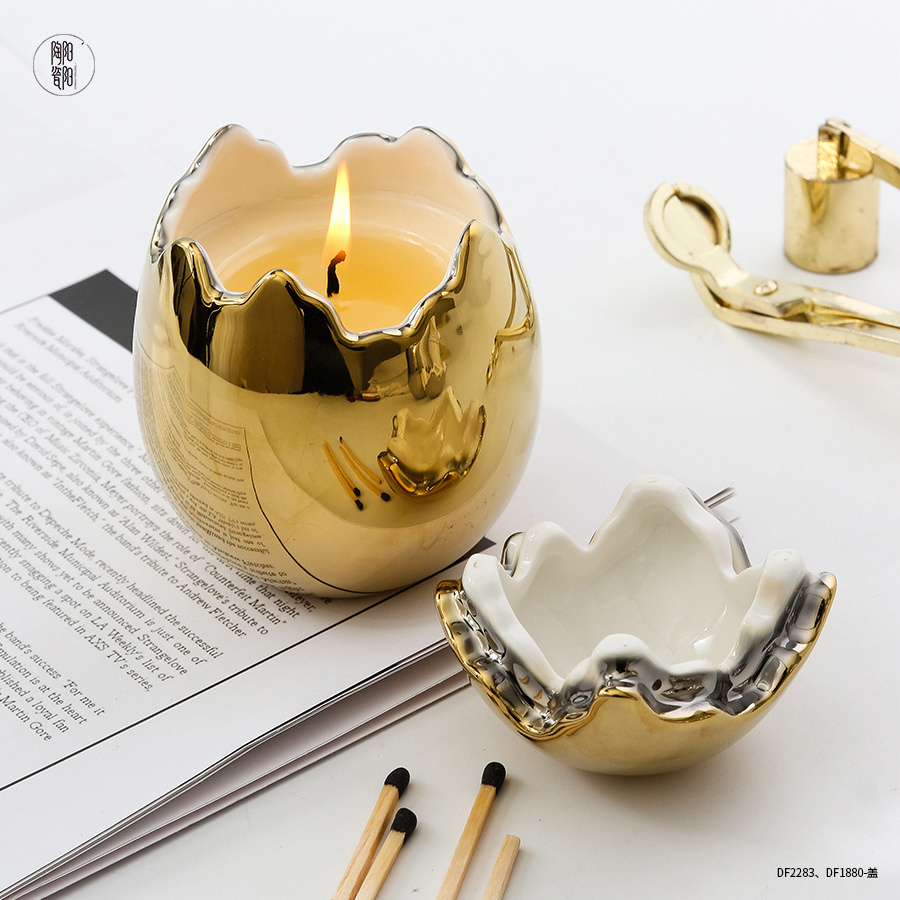 Custom logo creative european nuique eggshell aroma candle jar electroplating luxury empty ceramic candle jars