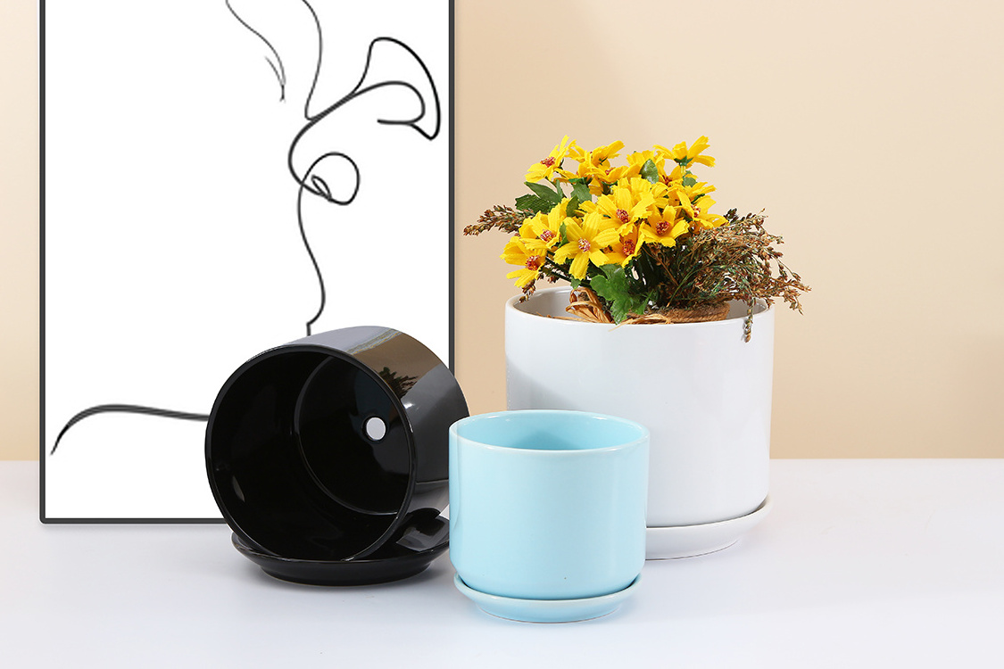 Custom size set of 3 glazed plant vase and saucer set round modern ceramic flower pot with connected saucers