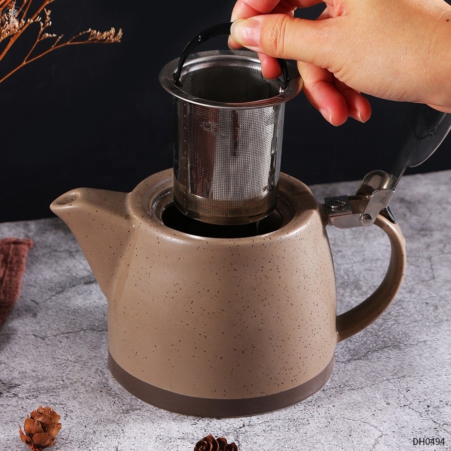 Custom ceramic stump tea pot with stainless steel lid for leaf tea bag infuser porcelain tea pot