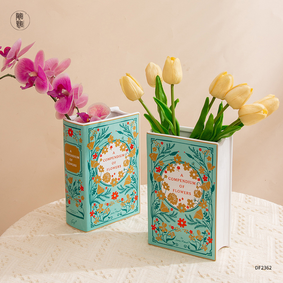 Nordic style ceramic book flower vase home decor wholesale custom logo pattern floral book vases