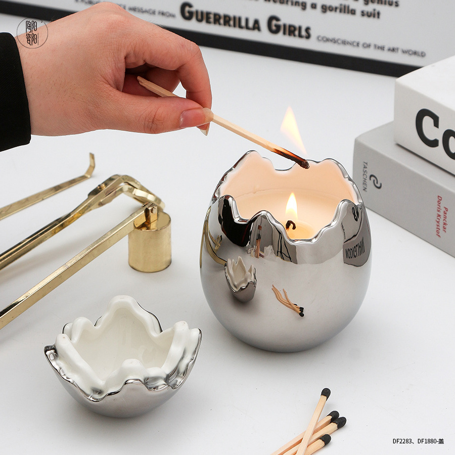 Custom logo creative european nuique eggshell aroma candle jar electroplating luxury empty ceramic candle jars