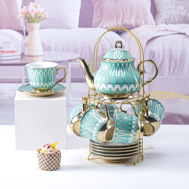 Custom gold rim porcelain tea cup set teapot chinese tea pot and cup sets decor luxury ceramic tea pot with cup and saucer