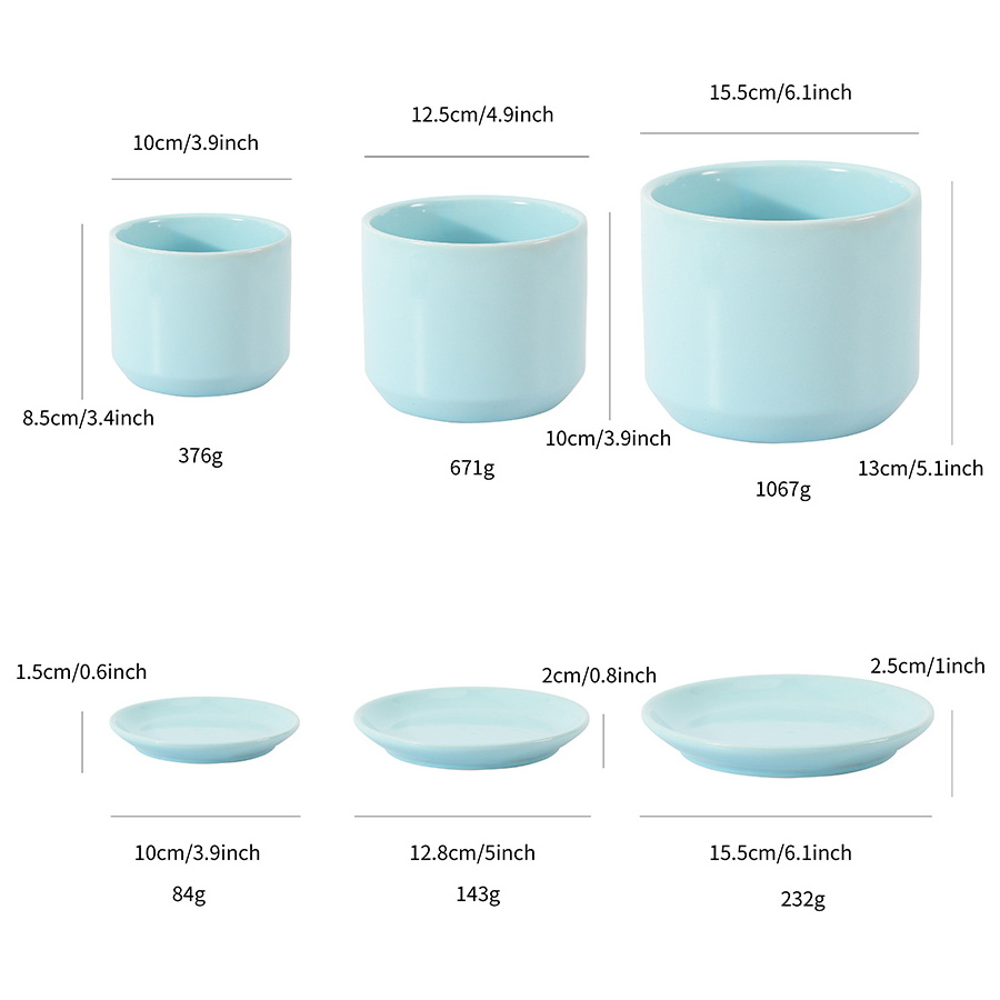 Custom size set of 3 glazed plant vase and saucer set round modern ceramic flower pot with connected saucers