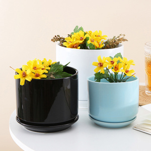 Custom size set of 3 glazed plant vase and saucer set round modern ceramic flower pot with connected saucers