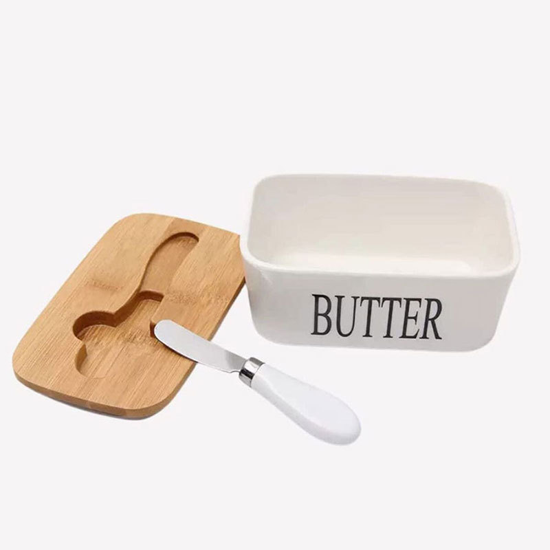 Custom logo rectangular ceramic butter plate kitchen cheese container porcelain butter dish with lid