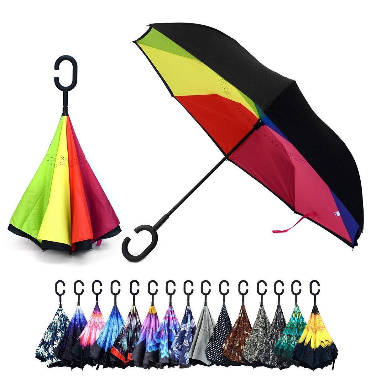 Parquet 50+ uv rainbow 23 inch Double Layer Inverted Umbrellas C Shaped Handle Reverse Folding Windproof Umbrella