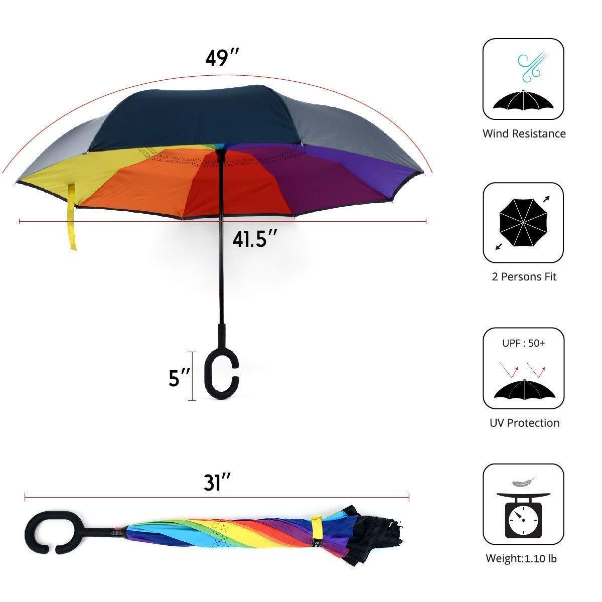 Parquet 50+ uv rainbow 23 inch Double Layer Inverted Umbrellas C Shaped Handle Reverse Folding Windproof Umbrella