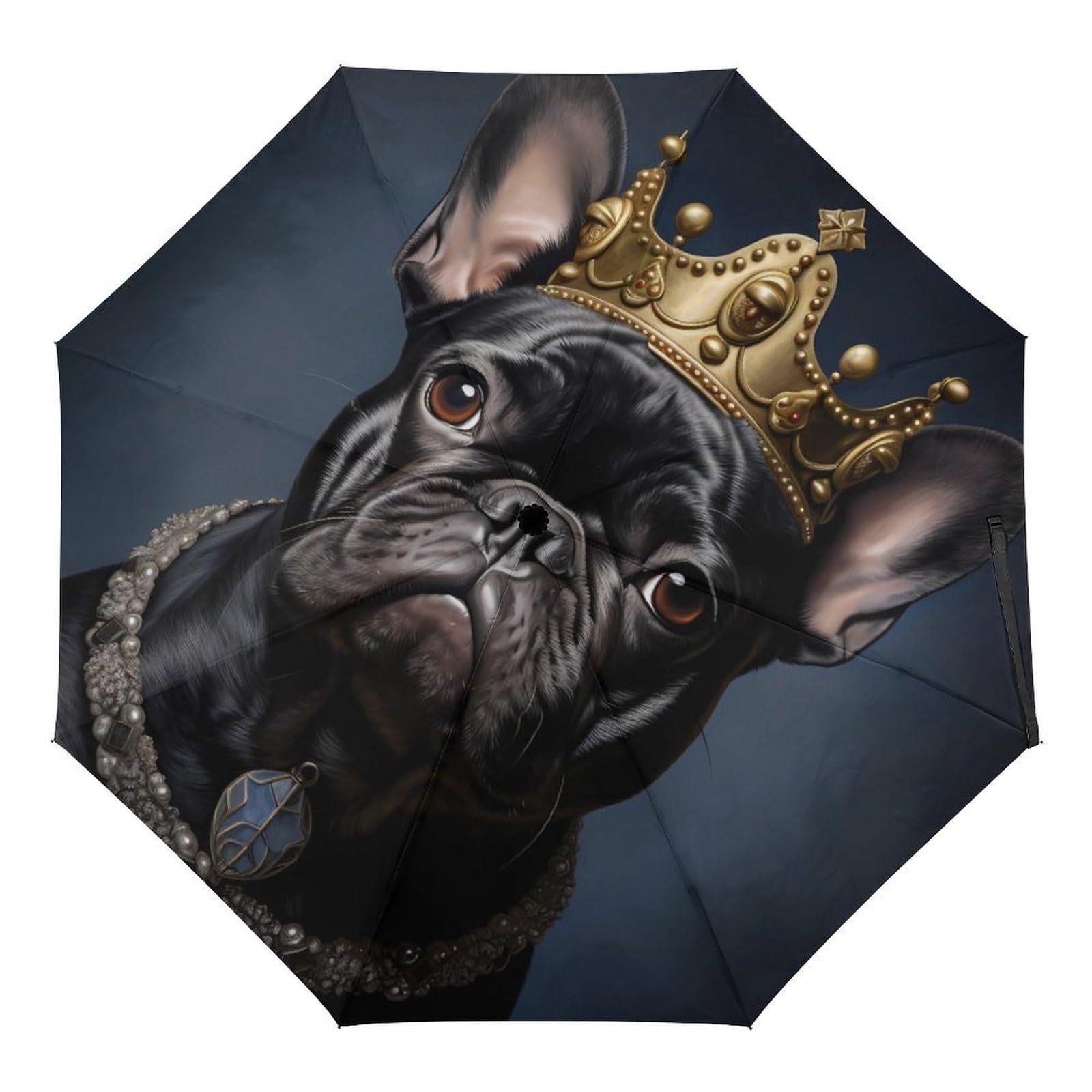 Funny French Bulldog Frenchie with A Golden Crown 3 Fold Umbrella Windproof UV Rain Umbrellas Portable Travel Folding Umbrella