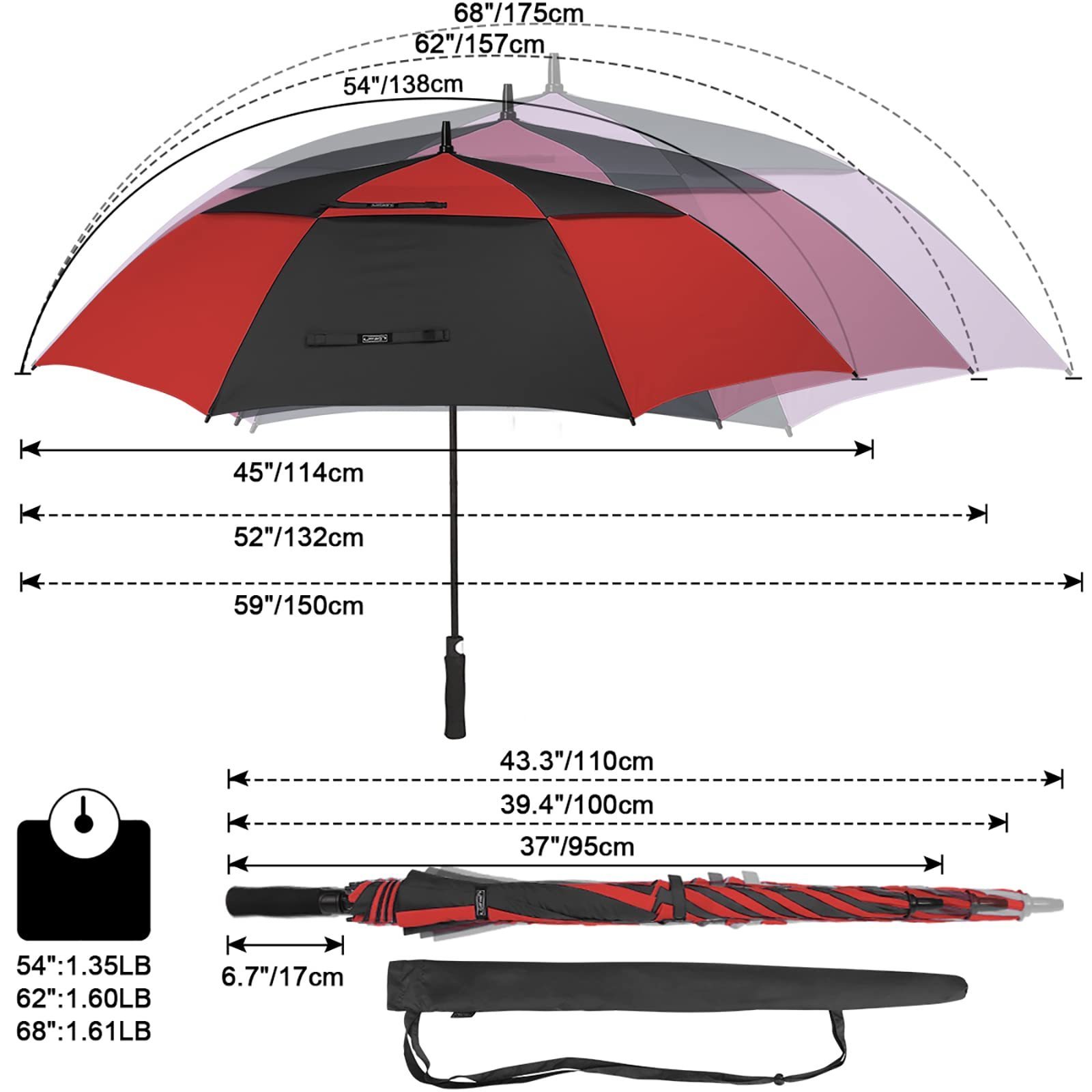 46/54/62 Inch Large Compact Golf Umbrella Windproof Reverse Travel Umbrella for Rain Double Umbrella Automatic Open Close