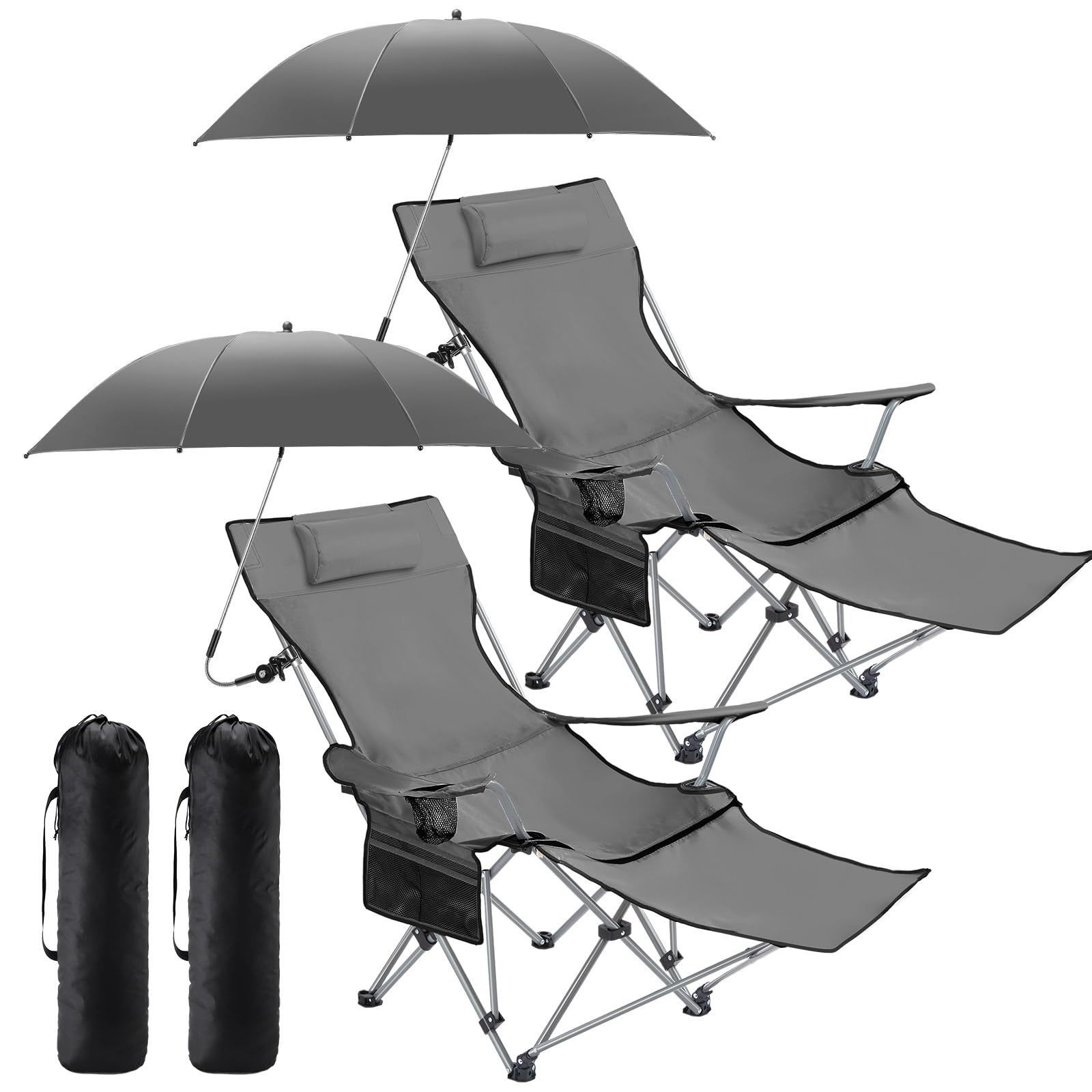 Beach Chair with Umbrella Reclining Camping Chair with Foot Rest Adjustable Chair Umbrella with Clamp SPF 50+uv