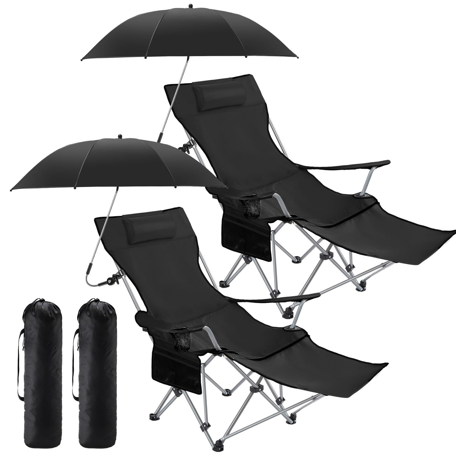 Beach Chair with Umbrella Reclining Camping Chair with Foot Rest Adjustable Chair Umbrella with Clamp SPF 50+uv