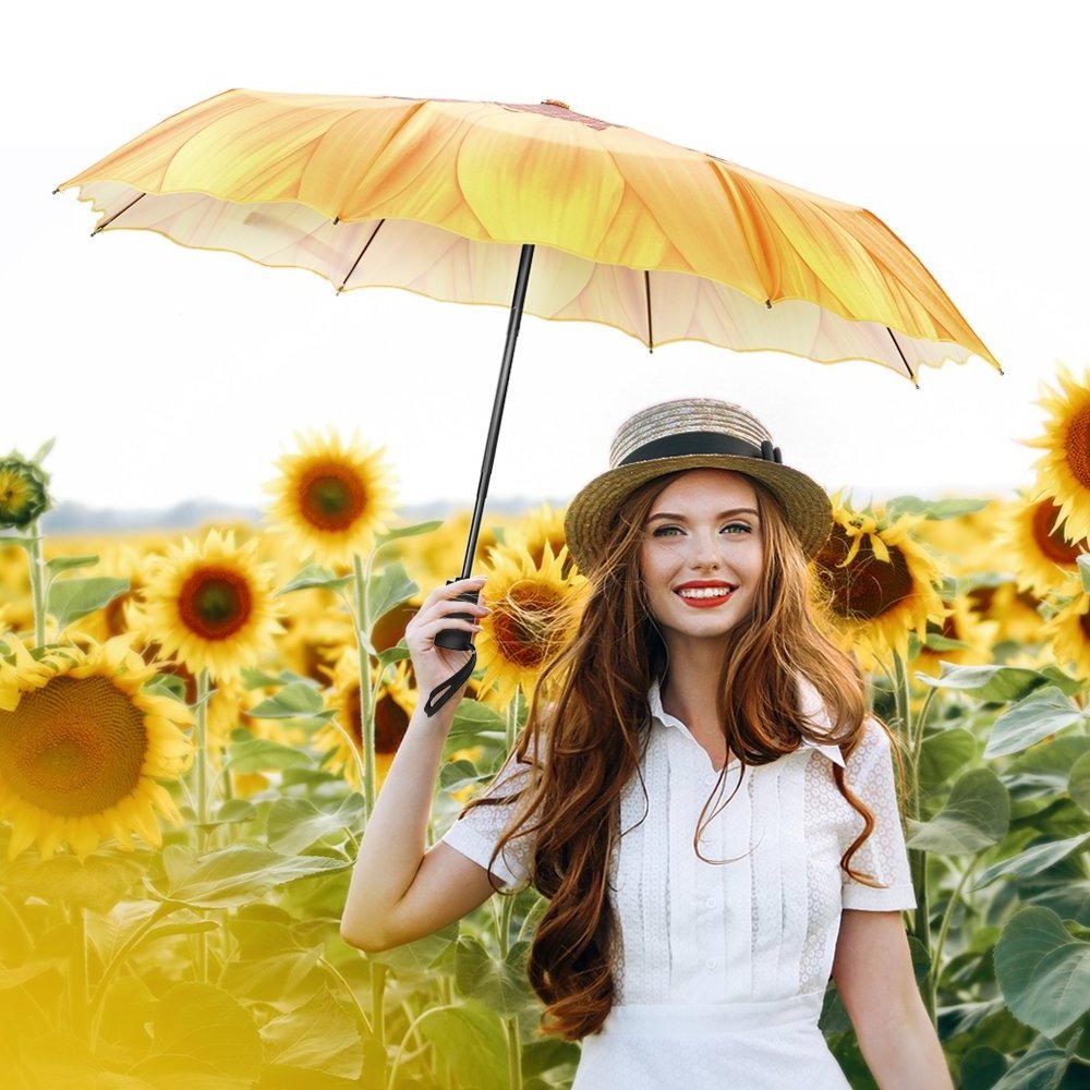 Free Sample Sun Flower Design Foldable Parasol Umbrella Anti-uv Sun Umbrella Potable Beach Umbrella