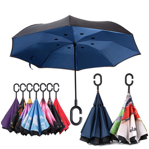 Hot Selling New Products Stock Custom Double Layer Inside Out C Shape Handle Inverted Reverse Umbrella