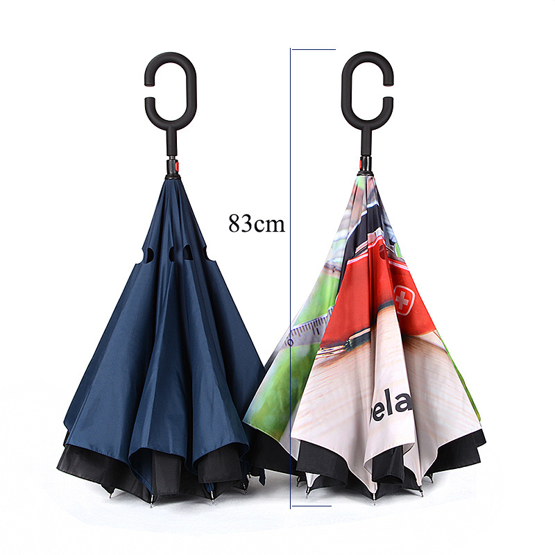 Hot Selling New Products Stock Custom Double Layer Inside Out C Shape Handle Inverted Reverse Umbrella