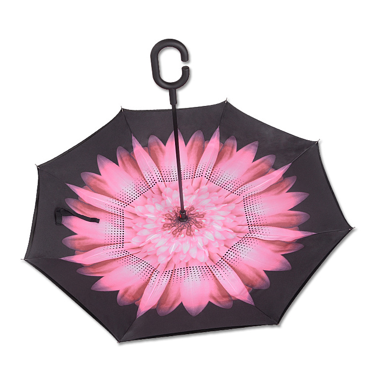 Custom big flower print inverted umbrella double layer Umbrella with a shoulder pouch