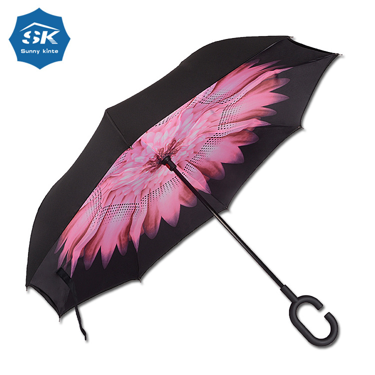 Custom big flower print inverted umbrella double layer Umbrella with a shoulder pouch