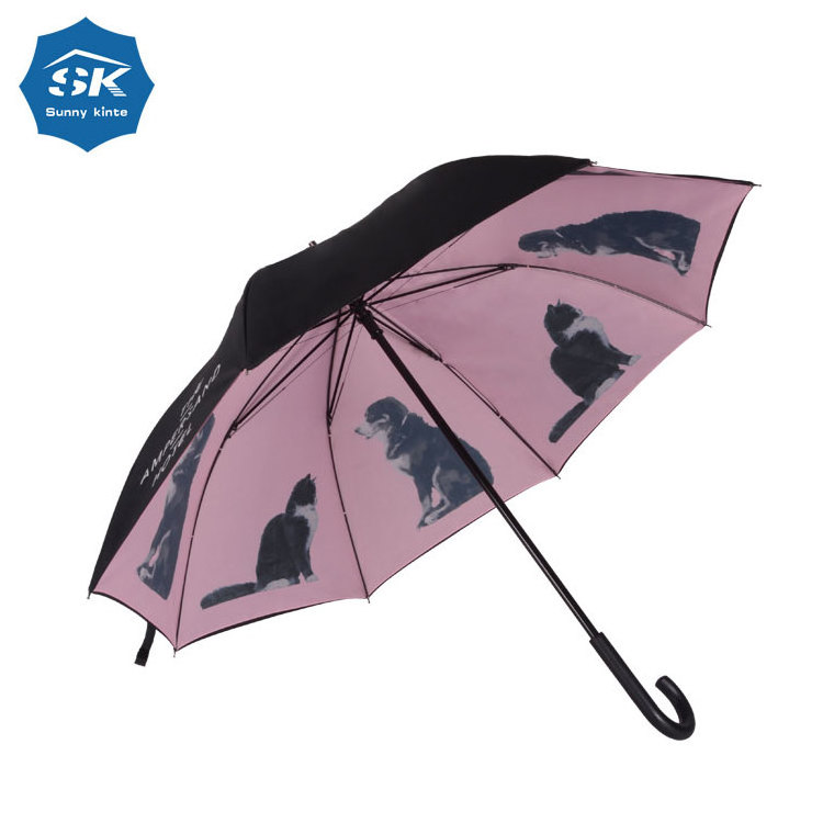 Rainy walking 23inch dog and cat print in-layer printing straight umbrella