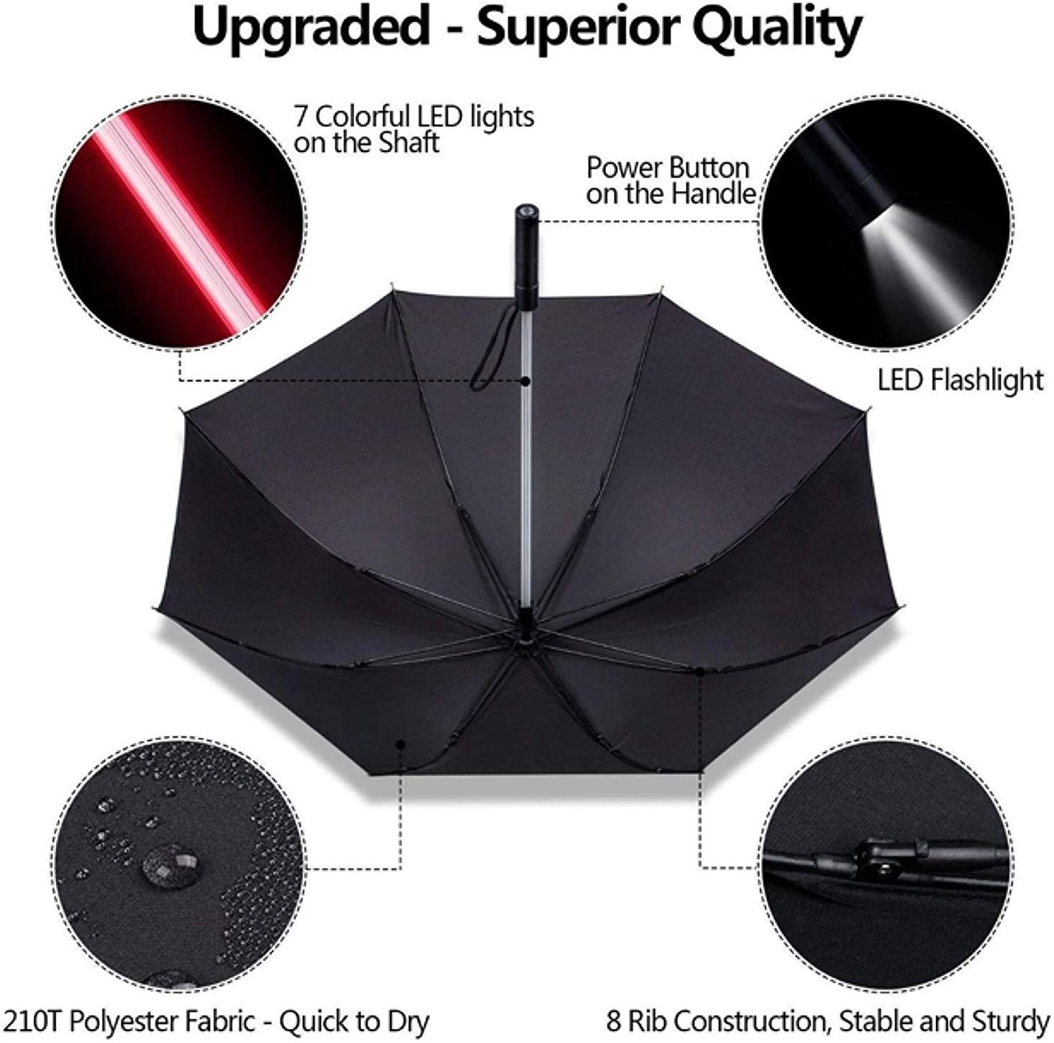 Compact waterproof 190t pongee flashlight LED sun umbrella with sleeve