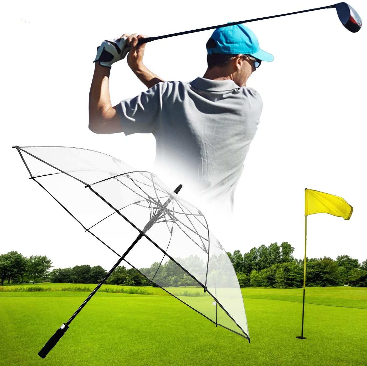 2024 New Clear Golf Windproof Semi-Automatic Umbrella Transparent Rain Parapluie with Printed Design for Adults