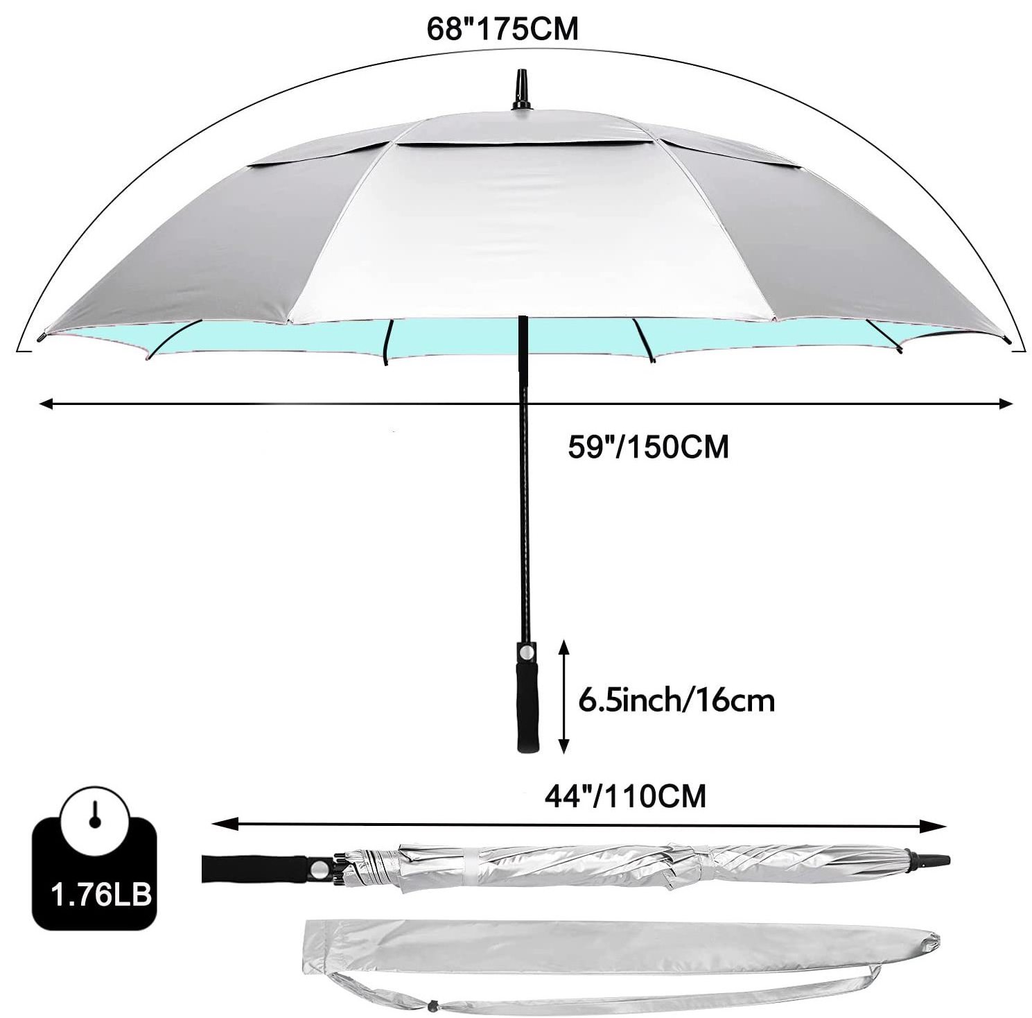 54 Inch Large Compact Golf Umbrella UPF 50 UV black coating Oversize Double Canopy Vented Windproof  Umbrella for the rain