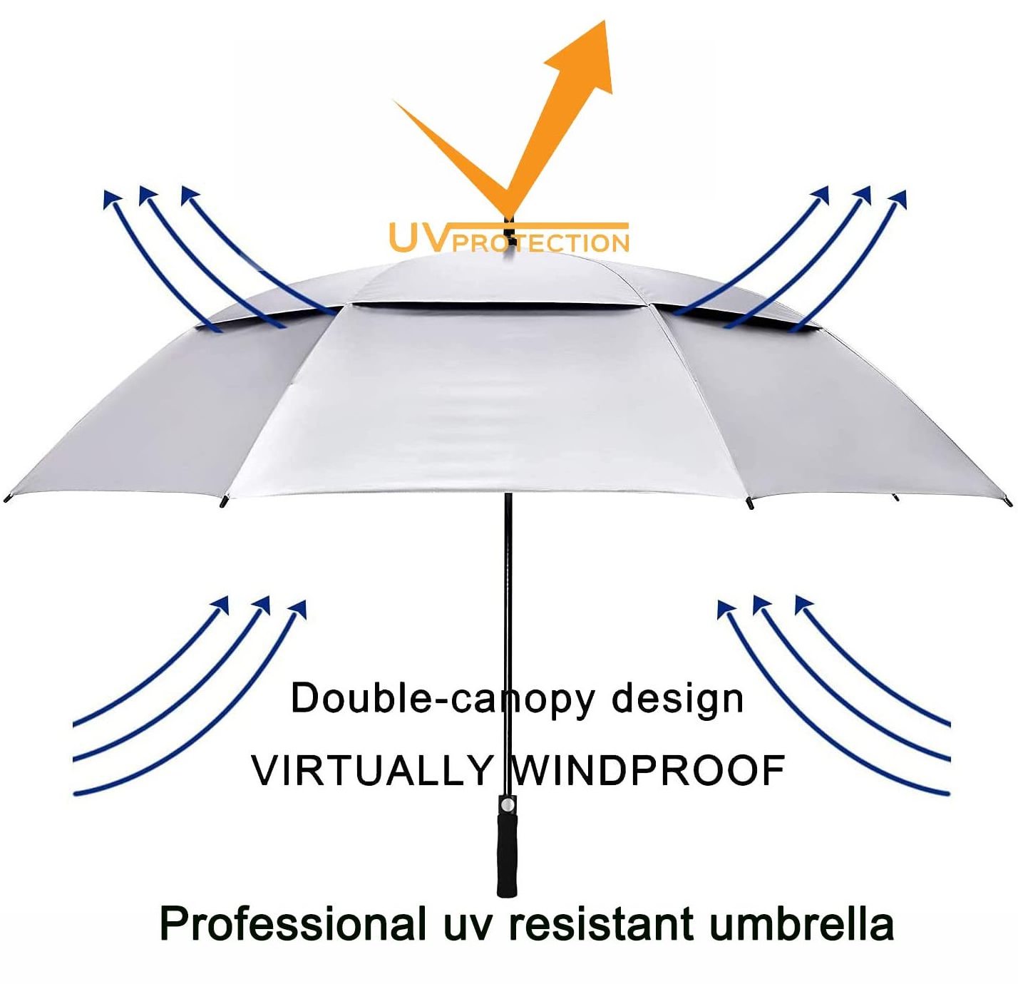 54 Inch Large Compact Golf Umbrella UPF 50 UV black coating Oversize Double Canopy Vented Windproof  Umbrella for the rain