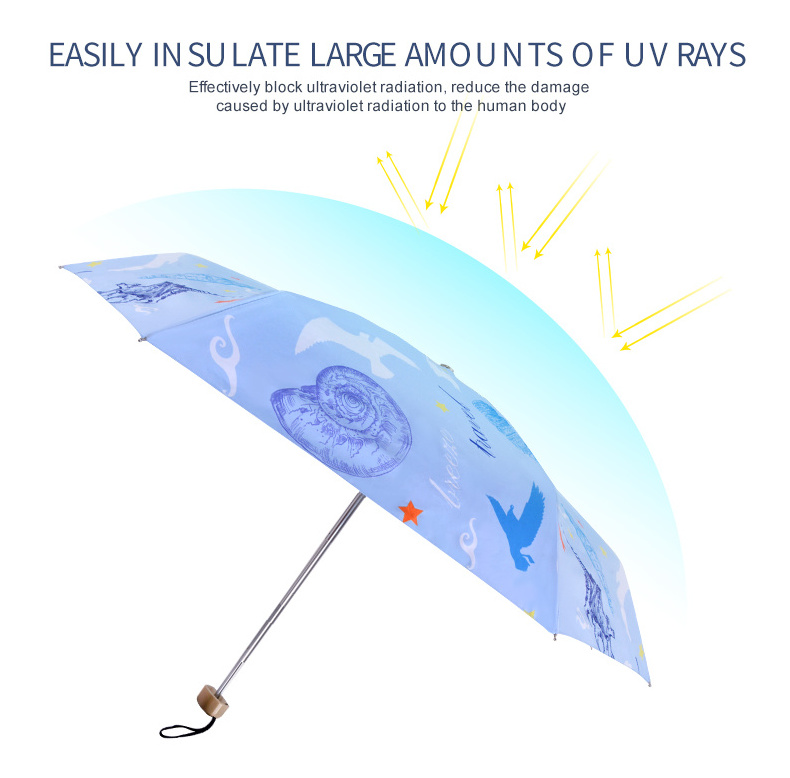 19-Inch Gold Handle Mini UV 3-Fold Umbrella for Adults Modern Design Kids Folding Umbrella with Manual Control Promotional