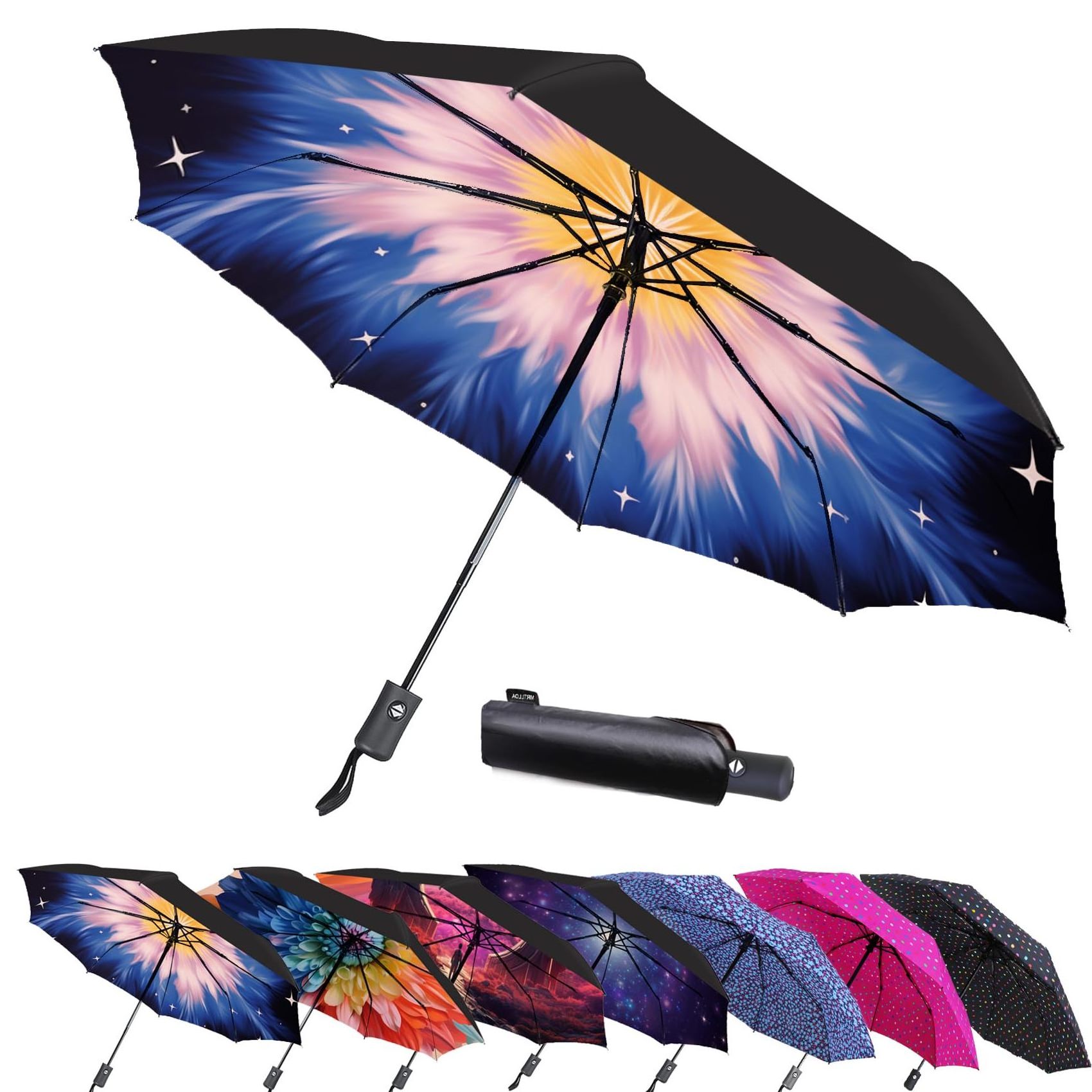 Windproof Travel Umbrellas for Rain Black Folding Umbrellas 10 RIBS Automatic Wind Resistant Backpack Umbrella