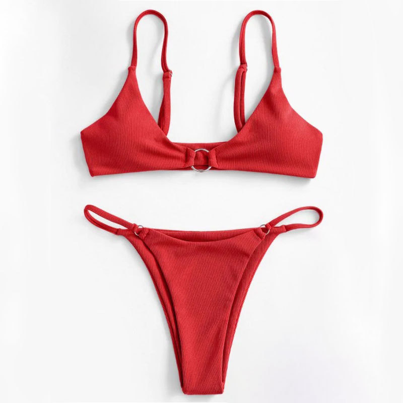 New Sexy Two-Piece Bikini Set with High-Risk G-String Pure Color Swimsuit with Ribbed Texture Hot Swimwear