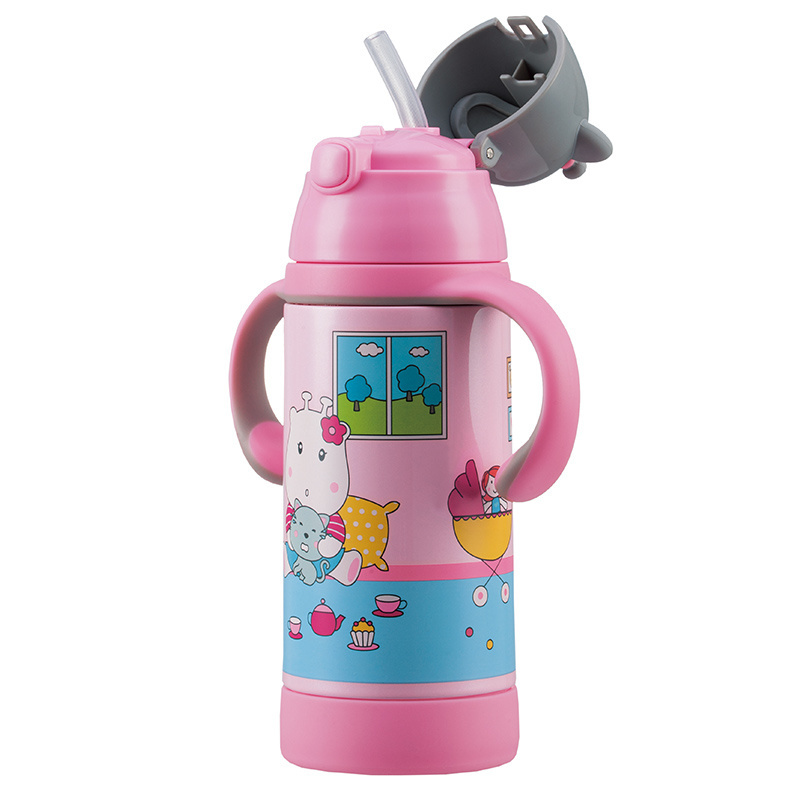 PINKAH logo-designed school kids' thermal vacuum straw bottle 18/8 double wall stainless steel flask for water with lid