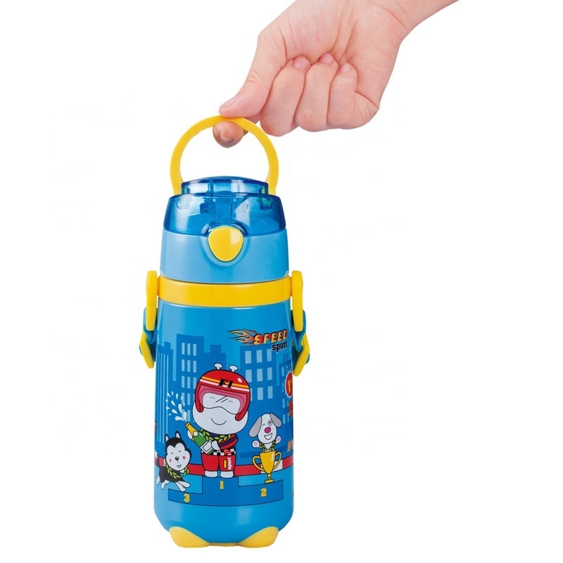 PINKAH thermos kids tumbler water bottle 440ml straw shoulder strap 18/8 stainless steel vacuum flask