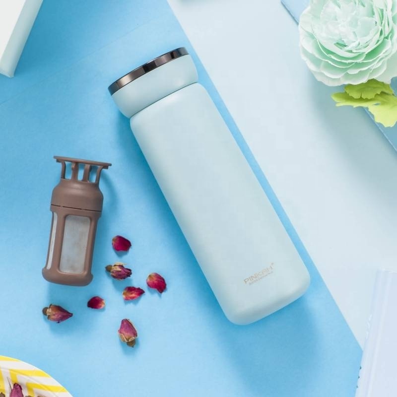 PINKAH 16OZ vacuum thermos flask 18/8 double wall insulated on the go travel water bottle with tea coffee infuser