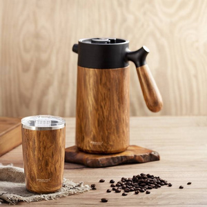 PINKAH private label 32oz oak wood french press coffee carafe premium 18/8 stainless steel coffee maker pot