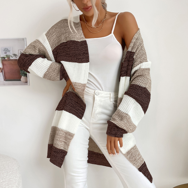 Women Fashion Soft Long Sleeve Open Front Casual Knit Sweaters Coat Striped Kimono Cardigan with Pockets