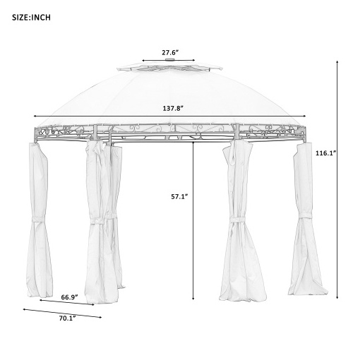 Outdoor gazebo with light 3.5M Steel Hexagonal Double Roof Patio Round Gazebo With Curtains