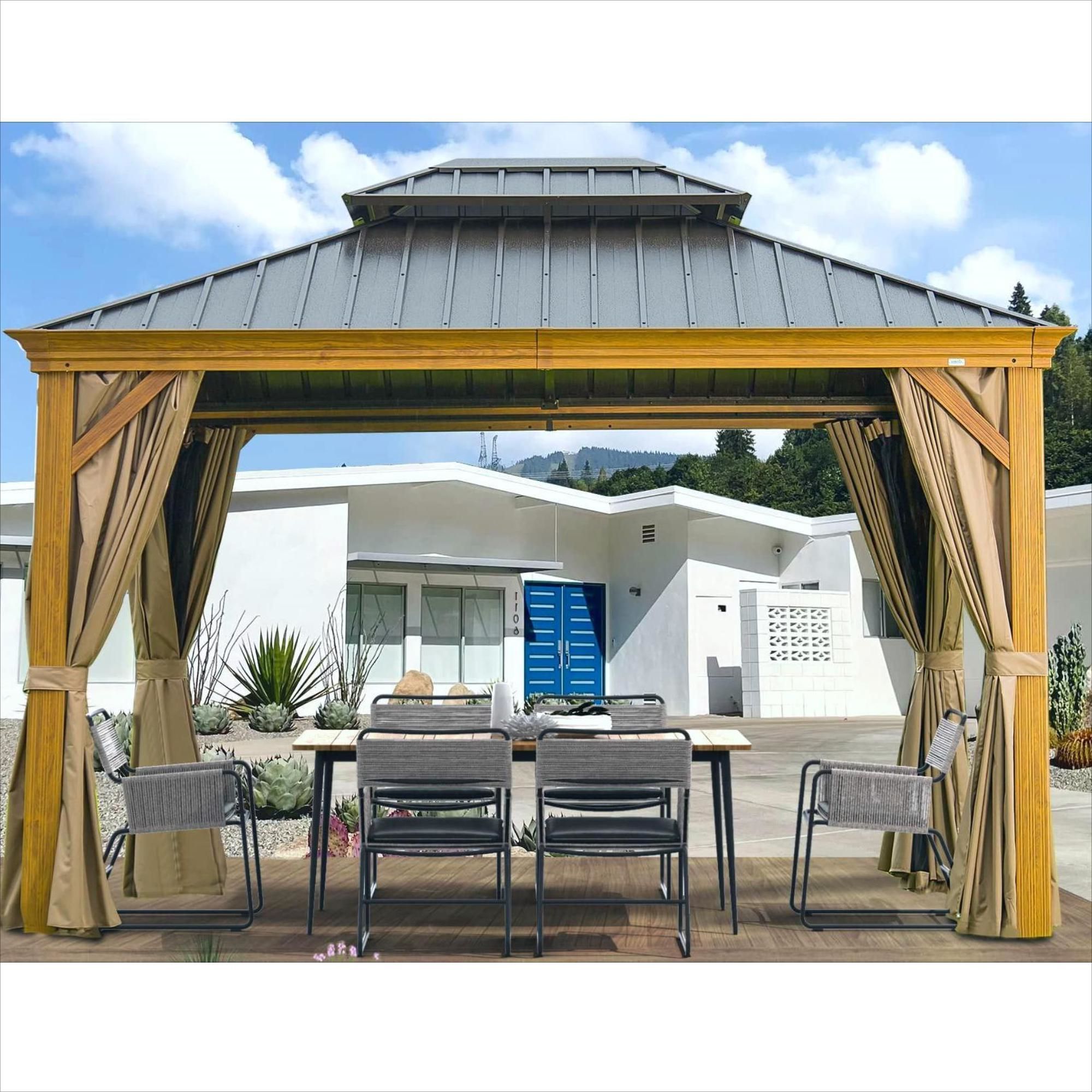 Outdoor Lawn Double Roof Hardtop Aluminum Wood Grain Gazebo Galvanized Steel Double Canopy with Curtains and Mosquito Netting