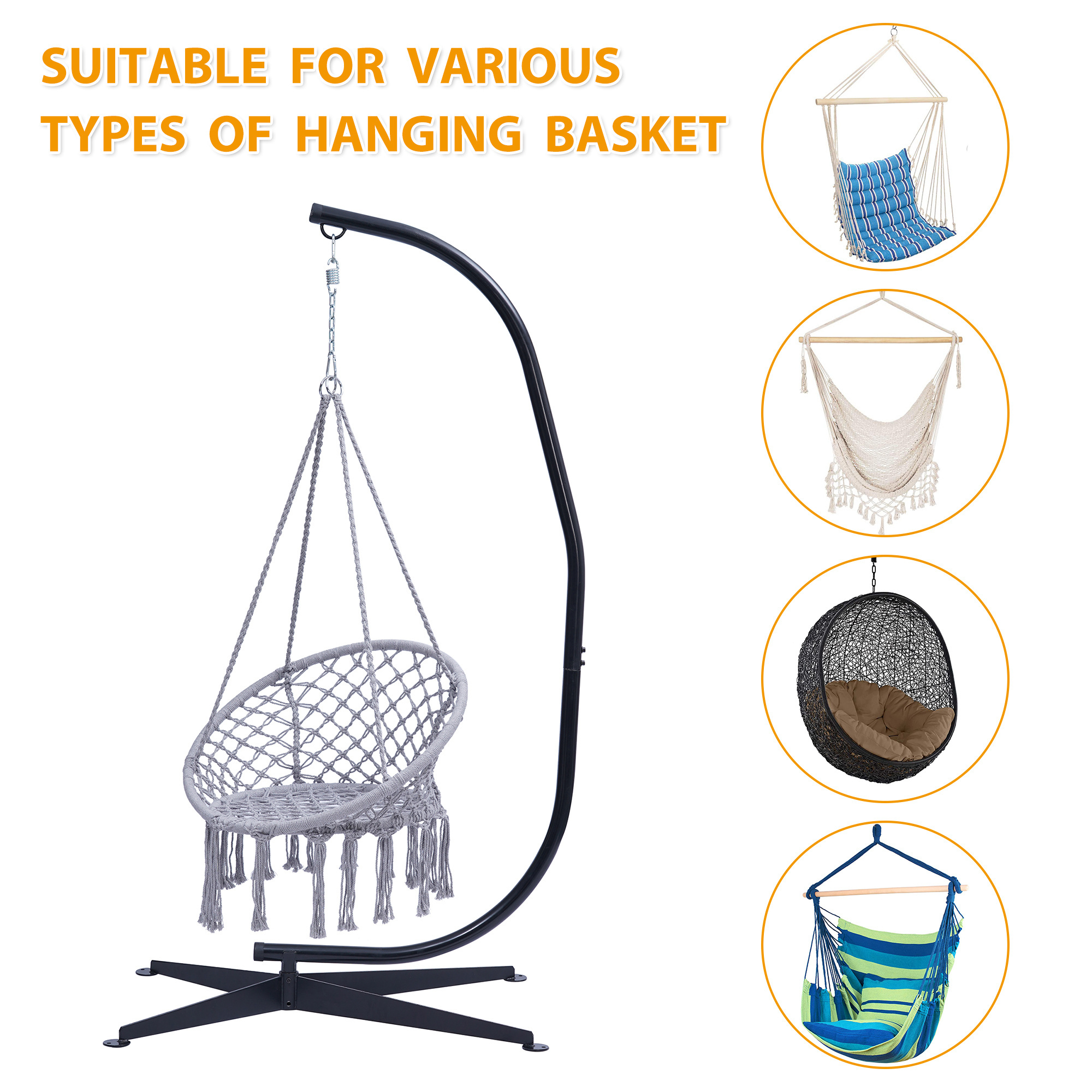 US Stock Free Shipping Portable Black Metal Swing Hammock Stand Heavy Duty C-Stand For Hanging Swing Chair