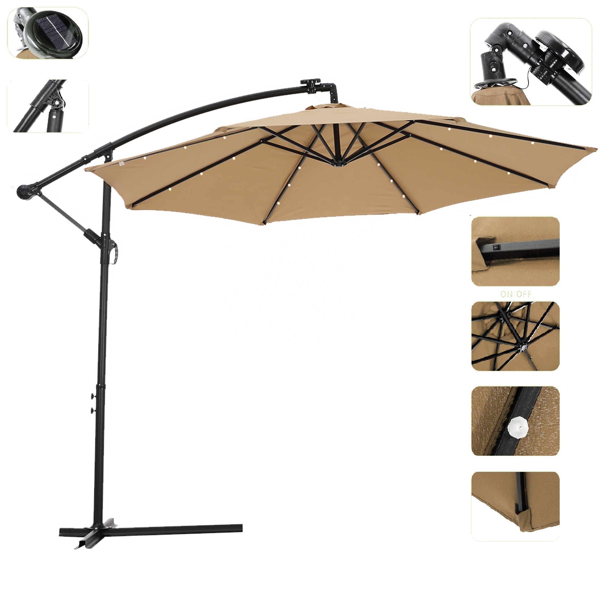 US Stock Outdoor 10Ft Solar LED Lighted Offset Umbrella Cantilever Sunshade Umbrella Garden Patio Parasols