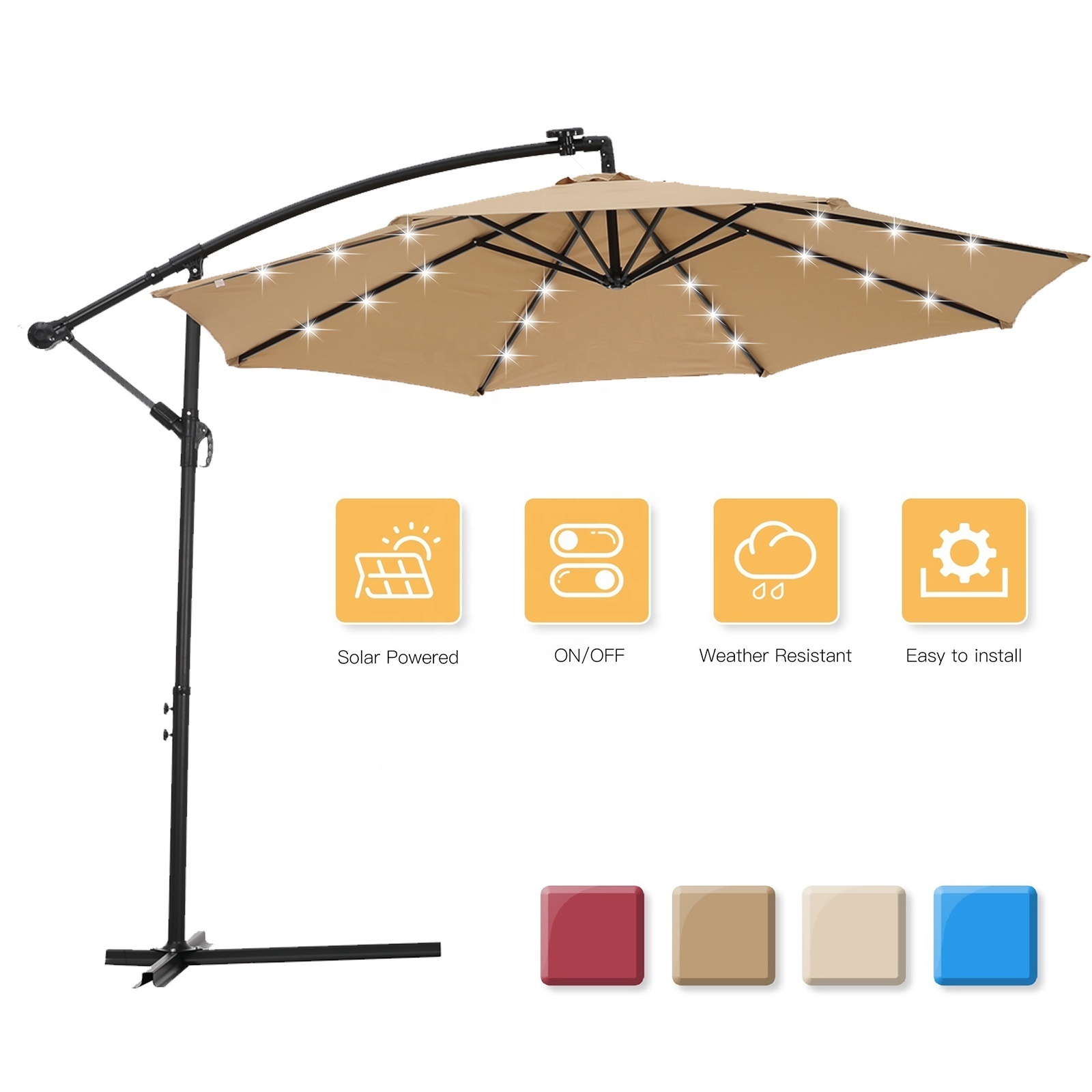 US Stock Outdoor 10Ft Solar LED Lighted Offset Umbrella Cantilever Sunshade Umbrella Garden Patio Parasols