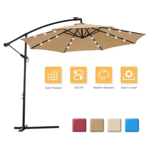 US Stock Outdoor 10Ft Solar LED Lighted Offset Umbrella Cantilever Sunshade Umbrella Garden Patio Parasols