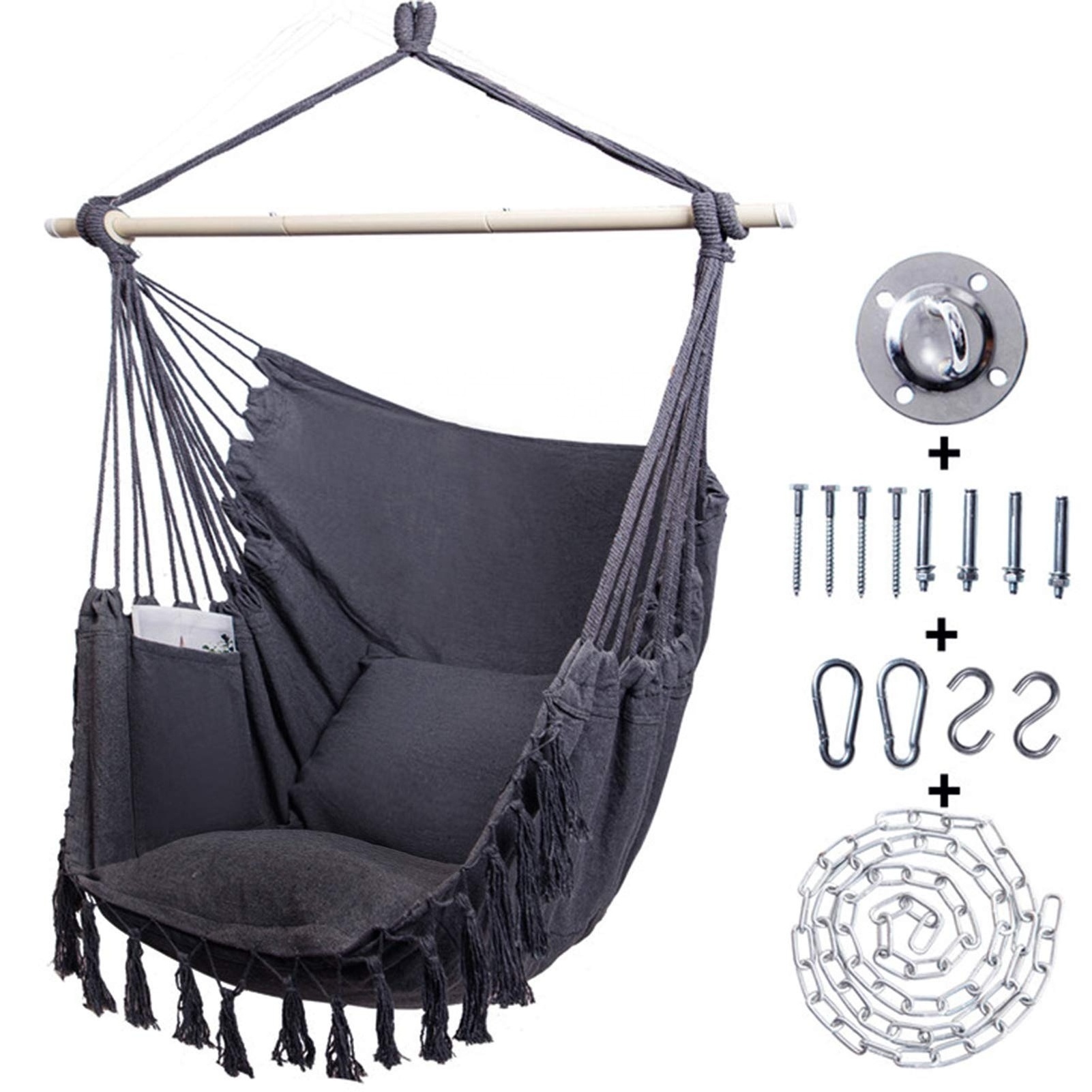 Large Hammock Chair with Detachable Metal Support Bar& Side Pocket Hanging Rope Swing